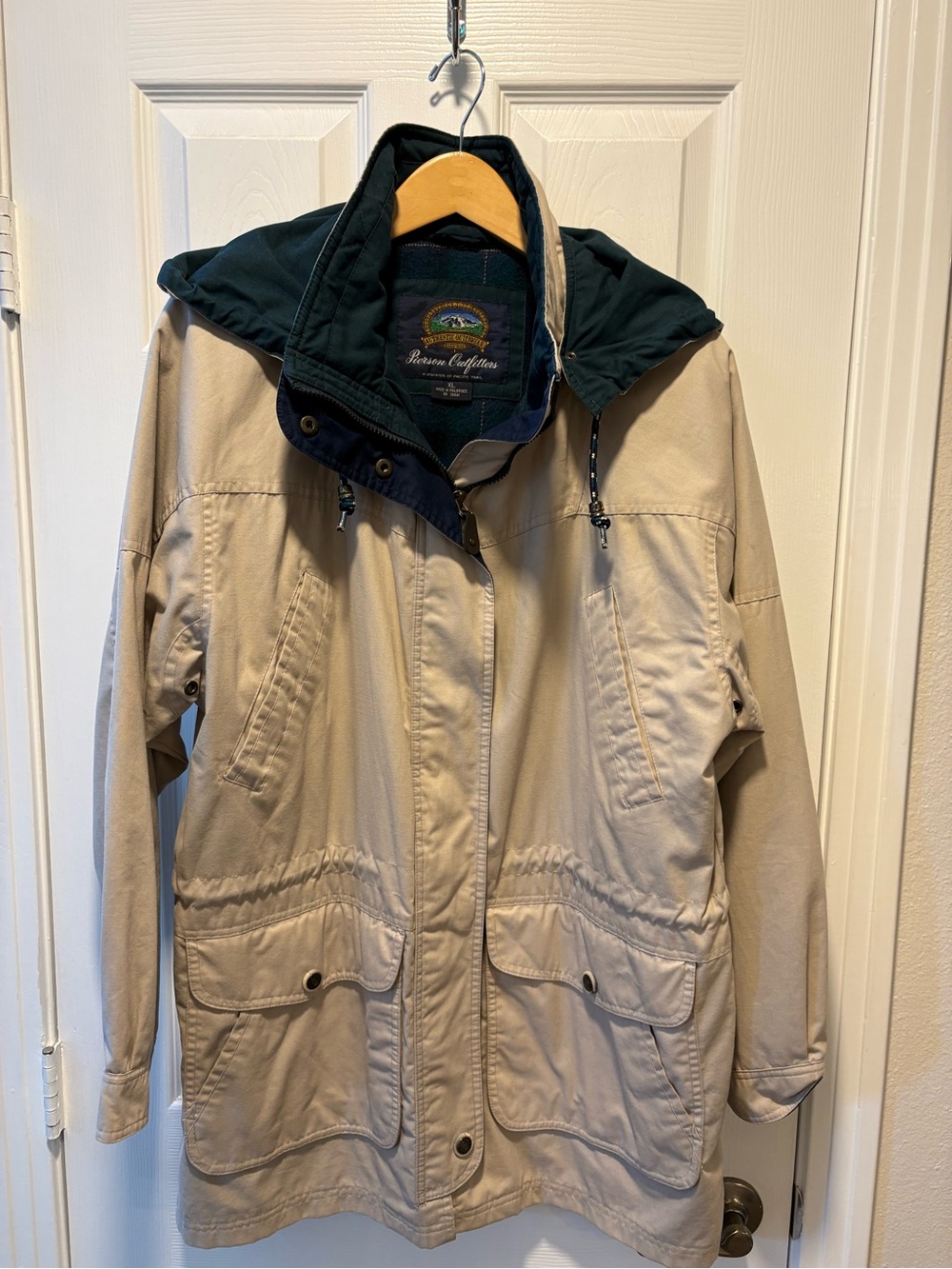Women's Beige Trench Coat with Dark Green Hood